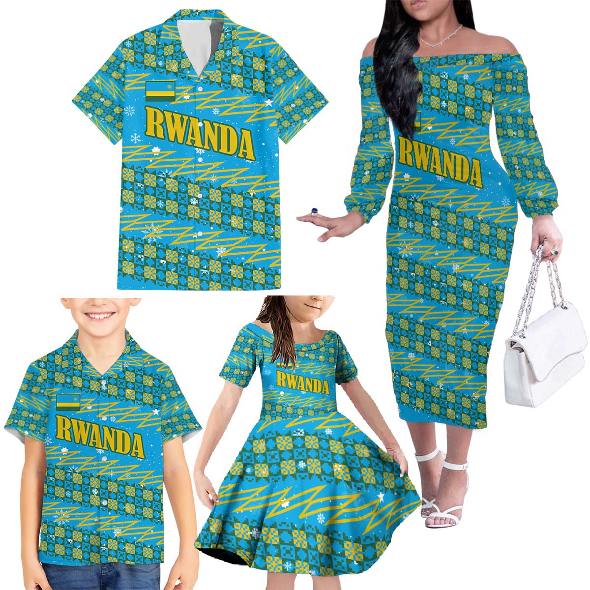 Rwanda Christmas Family Matching Off The Shoulder Long Sleeve Dress and Hawaiian Shirt with Blue-Yellow Pattern, Festive Geometric Motifs, and Bold Typography - Wonder Print Shop