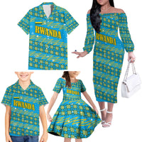 Rwanda Christmas Family Matching Off The Shoulder Long Sleeve Dress and Hawaiian Shirt with Blue-Yellow Pattern, Festive Geometric Motifs, and Bold Typography - Wonder Print Shop