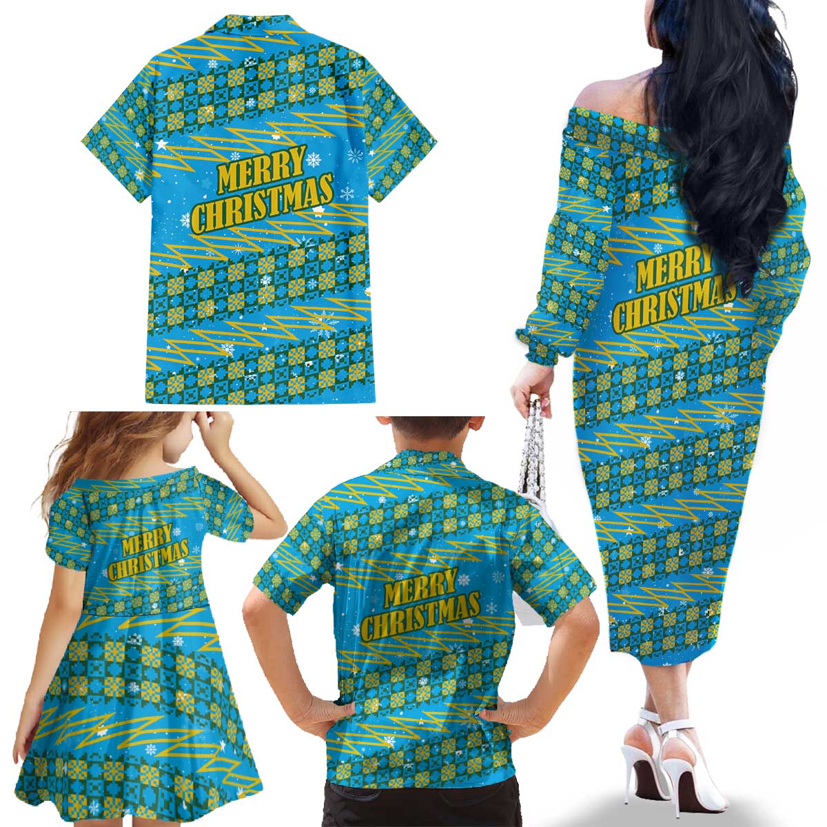 Rwanda Christmas Family Matching Off The Shoulder Long Sleeve Dress and Hawaiian Shirt with Blue-Yellow Pattern, Festive Geometric Motifs, and Bold Typography - Wonder Print Shop