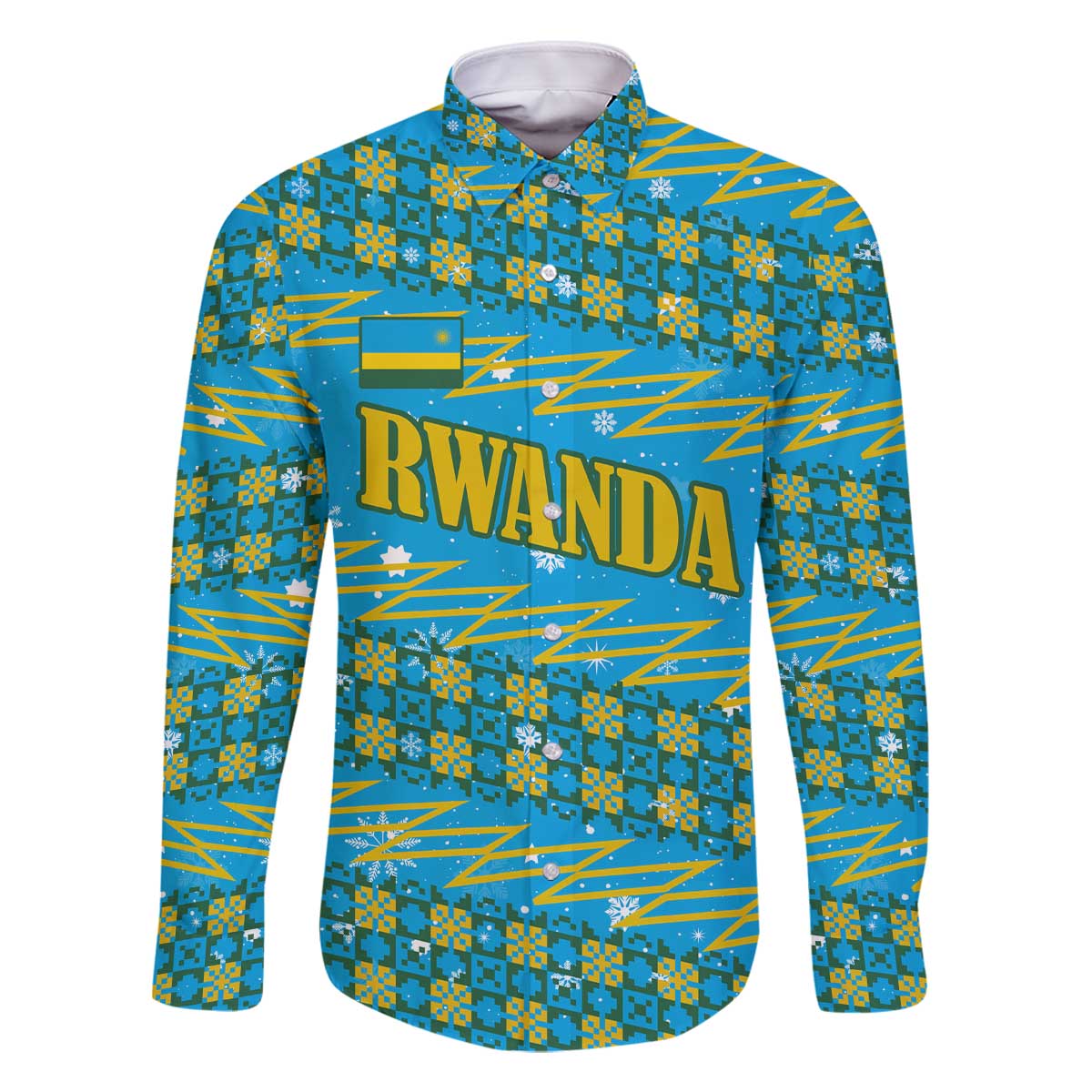 Rwanda Christmas Family Matching Off The Shoulder Long Sleeve Dress and Hawaiian Shirt with Blue-Yellow Pattern, Festive Geometric Motifs, and Bold Typography - Wonder Print Shop