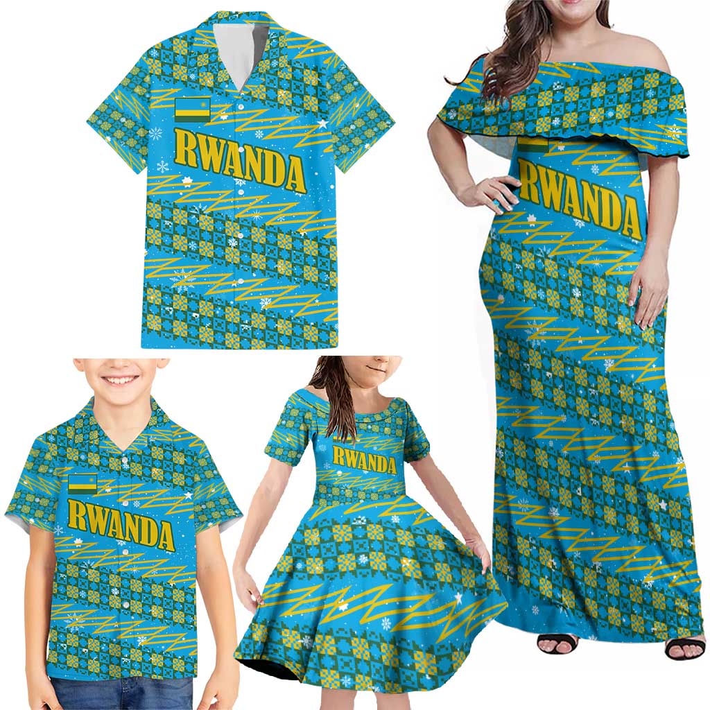 Rwanda Christmas Family Matching Off Shoulder Maxi Dress and Hawaiian Shirt with Blue-Yellow Pattern, Festive Geometric Motifs, and Bold Typography - Wonder Print Shop
