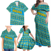 Rwanda Christmas Family Matching Off Shoulder Maxi Dress and Hawaiian Shirt with Blue-Yellow Pattern, Festive Geometric Motifs, and Bold Typography - Wonder Print Shop