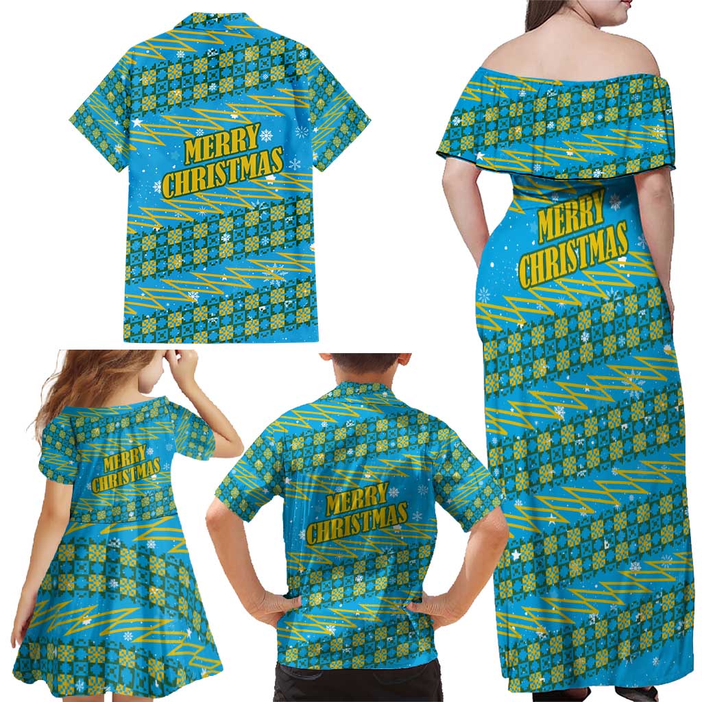 Rwanda Christmas Family Matching Off Shoulder Maxi Dress and Hawaiian Shirt with Blue-Yellow Pattern, Festive Geometric Motifs, and Bold Typography - Wonder Print Shop