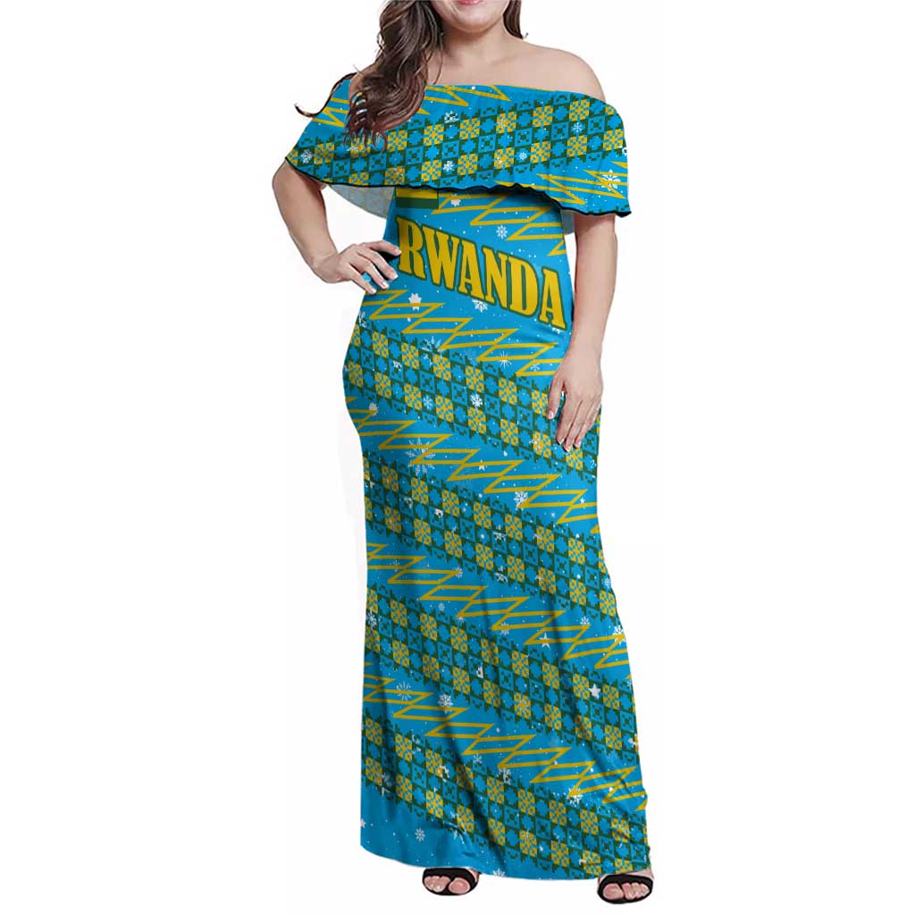 Rwanda Christmas Family Matching Off Shoulder Maxi Dress and Hawaiian Shirt with Blue-Yellow Pattern, Festive Geometric Motifs, and Bold Typography - Wonder Print Shop