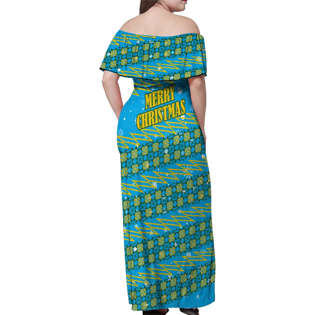 Rwanda Christmas Family Matching Off Shoulder Maxi Dress and Hawaiian Shirt with Blue-Yellow Pattern, Festive Geometric Motifs, and Bold Typography - Wonder Print Shop