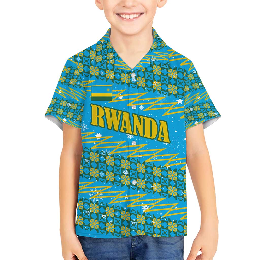 Rwanda Christmas Family Matching Off Shoulder Maxi Dress and Hawaiian Shirt with Blue-Yellow Pattern, Festive Geometric Motifs, and Bold Typography - Wonder Print Shop