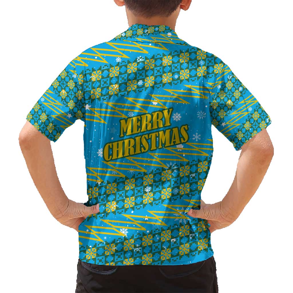 Rwanda Christmas Family Matching Off Shoulder Short Dress and Hawaiian Shirt with Blue-Yellow Pattern, Festive Geometric Motifs, and Bold Typography - Wonder Print Shop