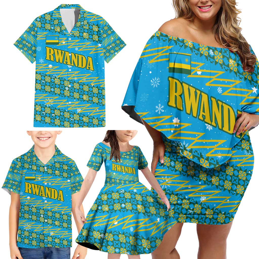 Rwanda Christmas Family Matching Off Shoulder Short Dress and Hawaiian Shirt with Blue-Yellow Pattern, Festive Geometric Motifs, and Bold Typography - Wonder Print Shop