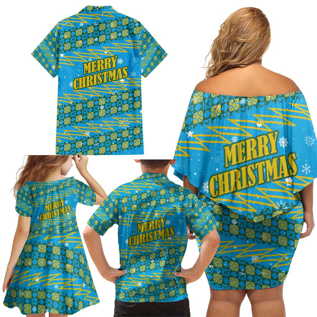 Rwanda Christmas Family Matching Off Shoulder Short Dress and Hawaiian Shirt with Blue-Yellow Pattern, Festive Geometric Motifs, and Bold Typography - Wonder Print Shop