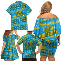 Rwanda Christmas Family Matching Off Shoulder Short Dress and Hawaiian Shirt with Blue-Yellow Pattern, Festive Geometric Motifs, and Bold Typography - Wonder Print Shop