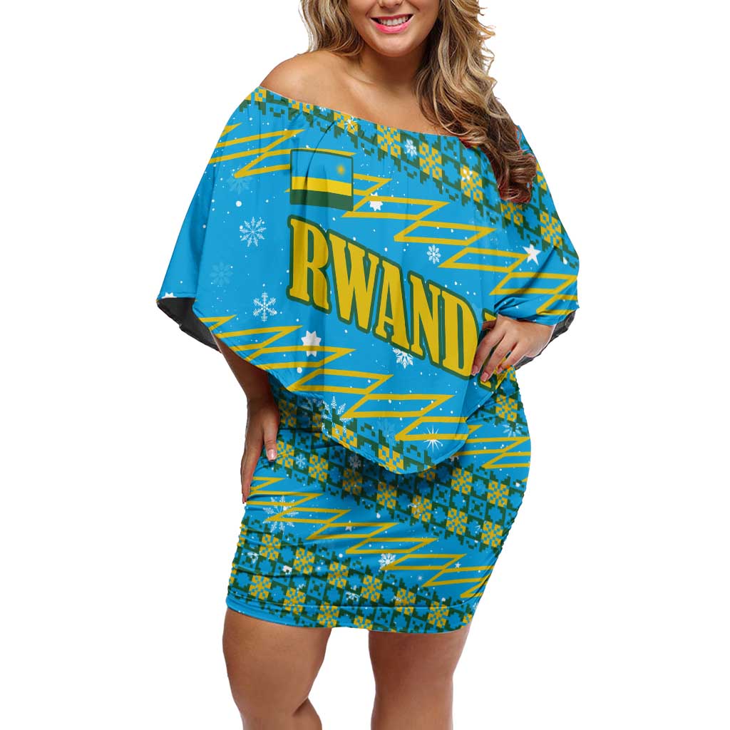 Rwanda Christmas Family Matching Off Shoulder Short Dress and Hawaiian Shirt with Blue-Yellow Pattern, Festive Geometric Motifs, and Bold Typography - Wonder Print Shop