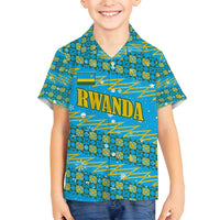 Rwanda Christmas Family Matching Off Shoulder Short Dress and Hawaiian Shirt with Blue-Yellow Pattern, Festive Geometric Motifs, and Bold Typography - Wonder Print Shop