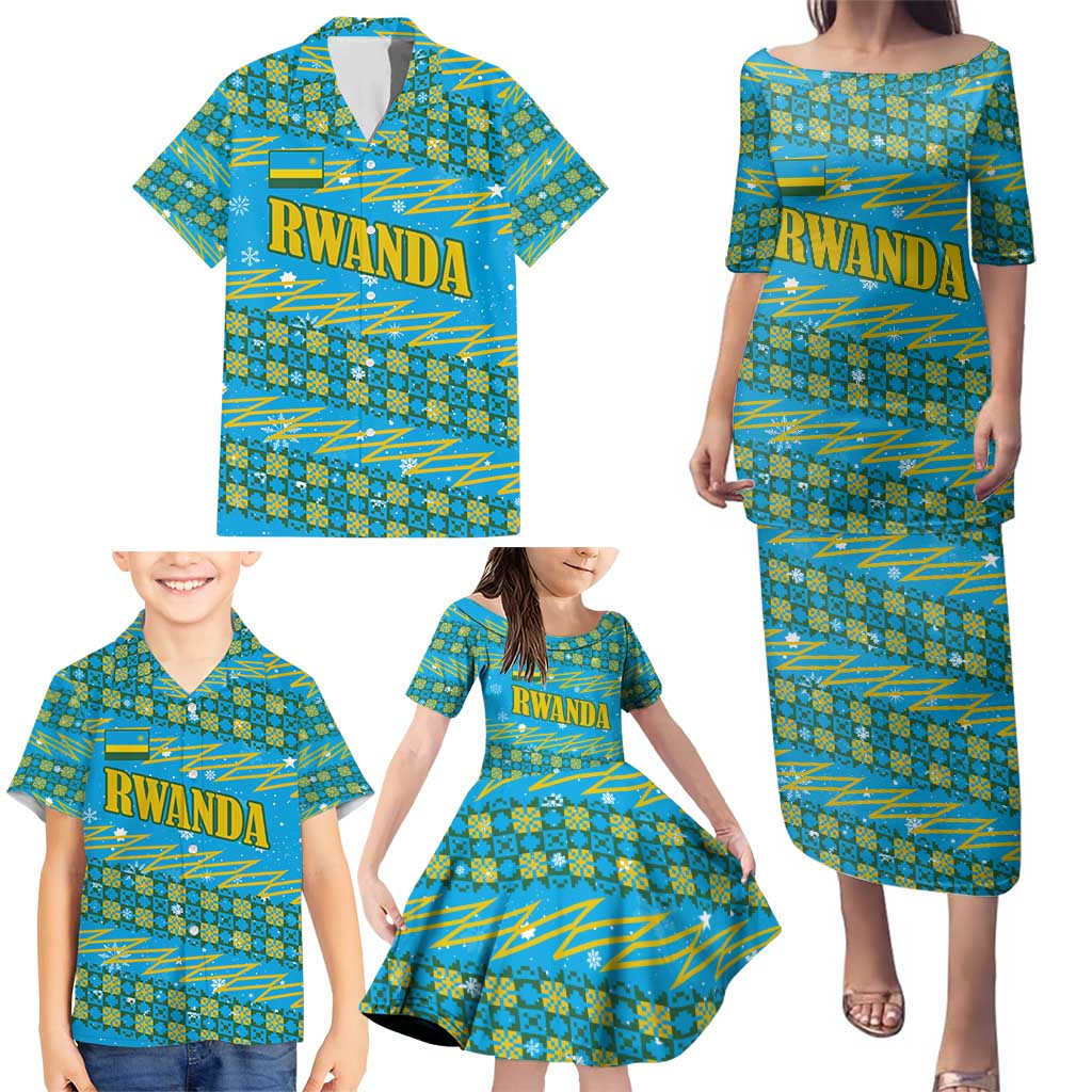Rwanda Christmas Family Matching Puletasi and Hawaiian Shirt with Blue-Yellow Pattern, Festive Geometric Motifs, and Bold Typography - Wonder Print Shop