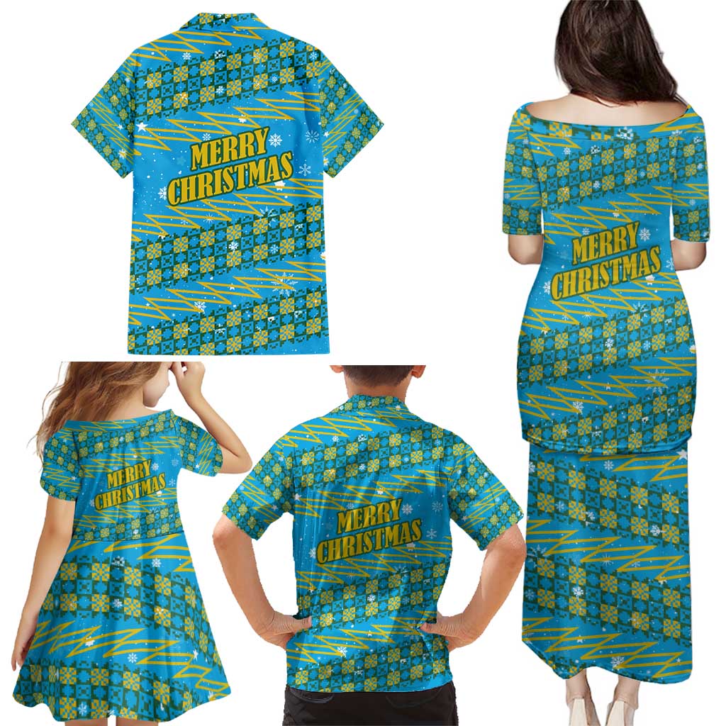 Rwanda Christmas Family Matching Puletasi and Hawaiian Shirt with Blue-Yellow Pattern, Festive Geometric Motifs, and Bold Typography - Wonder Print Shop