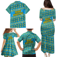 Rwanda Christmas Family Matching Puletasi and Hawaiian Shirt with Blue-Yellow Pattern, Festive Geometric Motifs, and Bold Typography - Wonder Print Shop