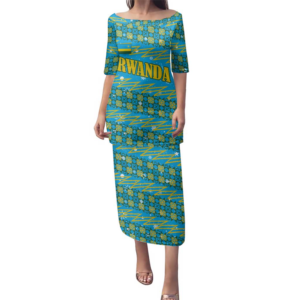 Rwanda Christmas Family Matching Puletasi and Hawaiian Shirt with Blue-Yellow Pattern, Festive Geometric Motifs, and Bold Typography - Wonder Print Shop