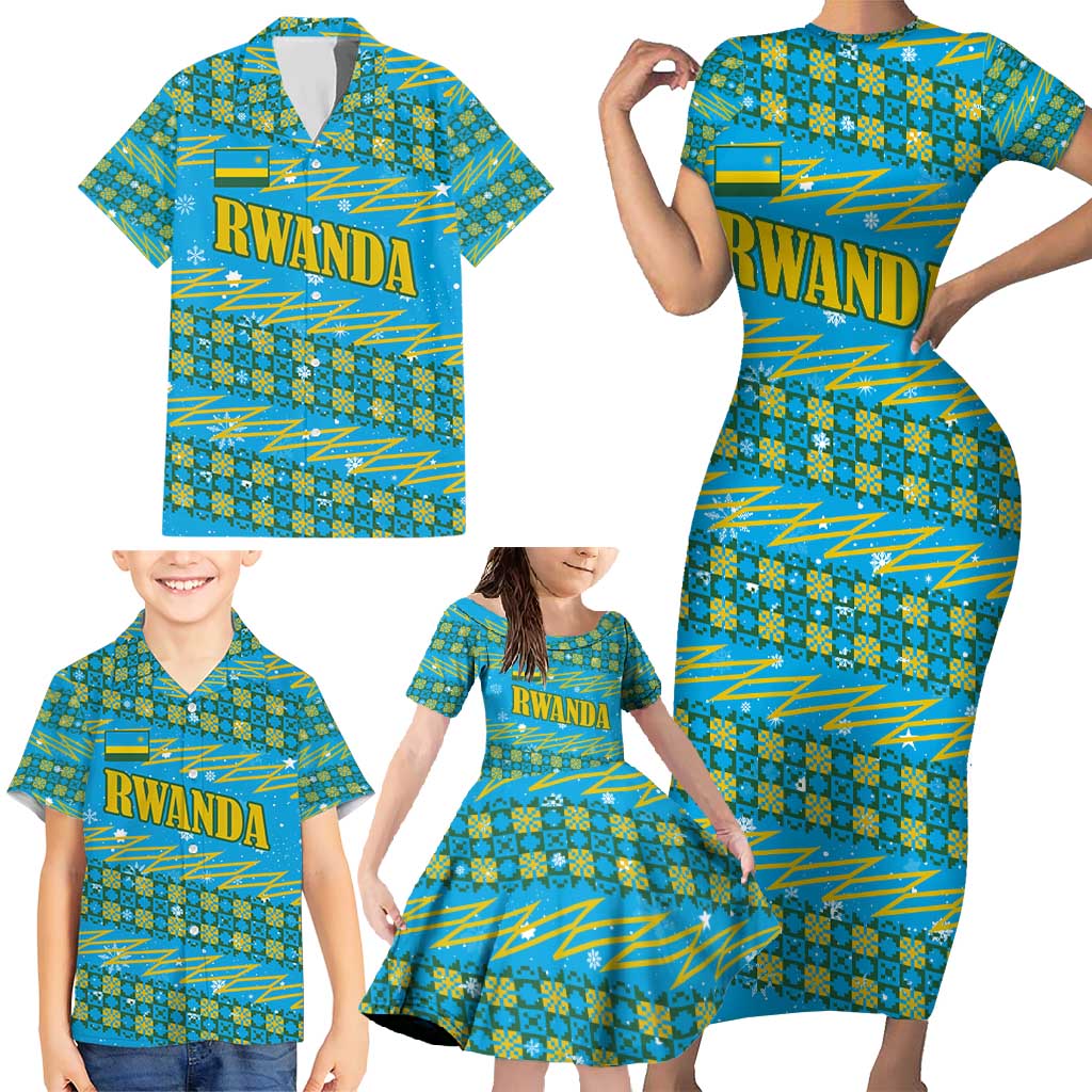 Rwanda Christmas Family Matching Short Sleeve Bodycon Dress and Hawaiian Shirt with Blue-Yellow Pattern, Festive Geometric Motifs, and Bold Typography - Wonder Print Shop