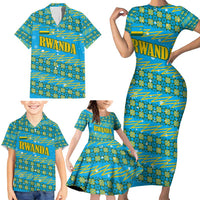 Rwanda Christmas Family Matching Short Sleeve Bodycon Dress and Hawaiian Shirt with Blue-Yellow Pattern, Festive Geometric Motifs, and Bold Typography - Wonder Print Shop