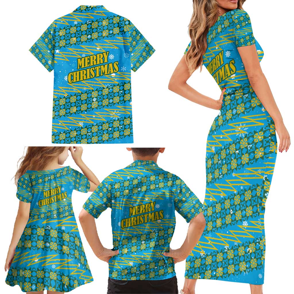 Rwanda Christmas Family Matching Short Sleeve Bodycon Dress and Hawaiian Shirt with Blue-Yellow Pattern, Festive Geometric Motifs, and Bold Typography - Wonder Print Shop