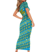 Rwanda Christmas Family Matching Short Sleeve Bodycon Dress and Hawaiian Shirt with Blue-Yellow Pattern, Festive Geometric Motifs, and Bold Typography - Wonder Print Shop