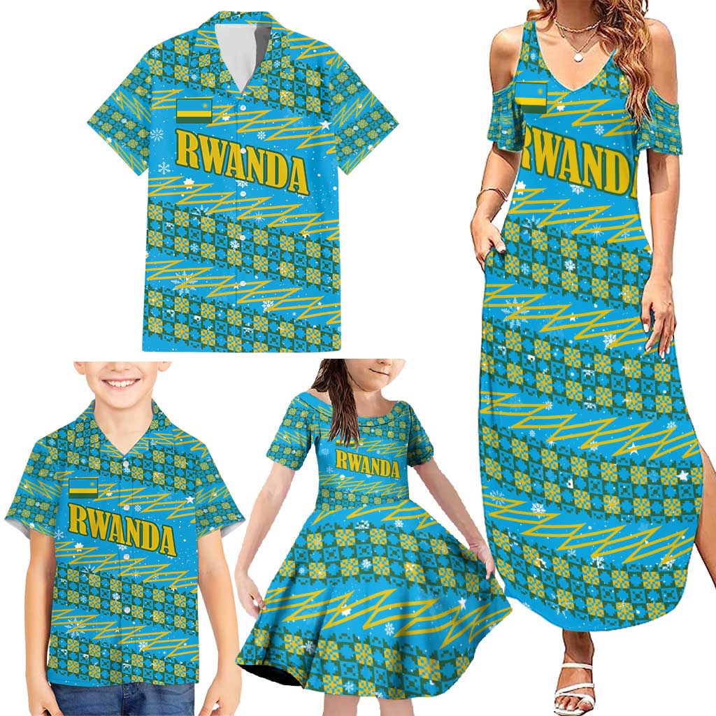 Rwanda Christmas Family Matching Summer Maxi Dress and Hawaiian Shirt with Blue-Yellow Pattern, Festive Geometric Motifs, and Bold Typography - Wonder Print Shop