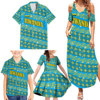 Rwanda Christmas Family Matching Summer Maxi Dress and Hawaiian Shirt with Blue-Yellow Pattern, Festive Geometric Motifs, and Bold Typography - Wonder Print Shop