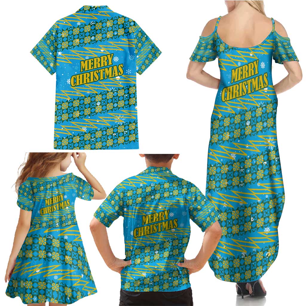 Rwanda Christmas Family Matching Summer Maxi Dress and Hawaiian Shirt with Blue-Yellow Pattern, Festive Geometric Motifs, and Bold Typography - Wonder Print Shop
