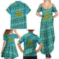Rwanda Christmas Family Matching Summer Maxi Dress and Hawaiian Shirt with Blue-Yellow Pattern, Festive Geometric Motifs, and Bold Typography - Wonder Print Shop