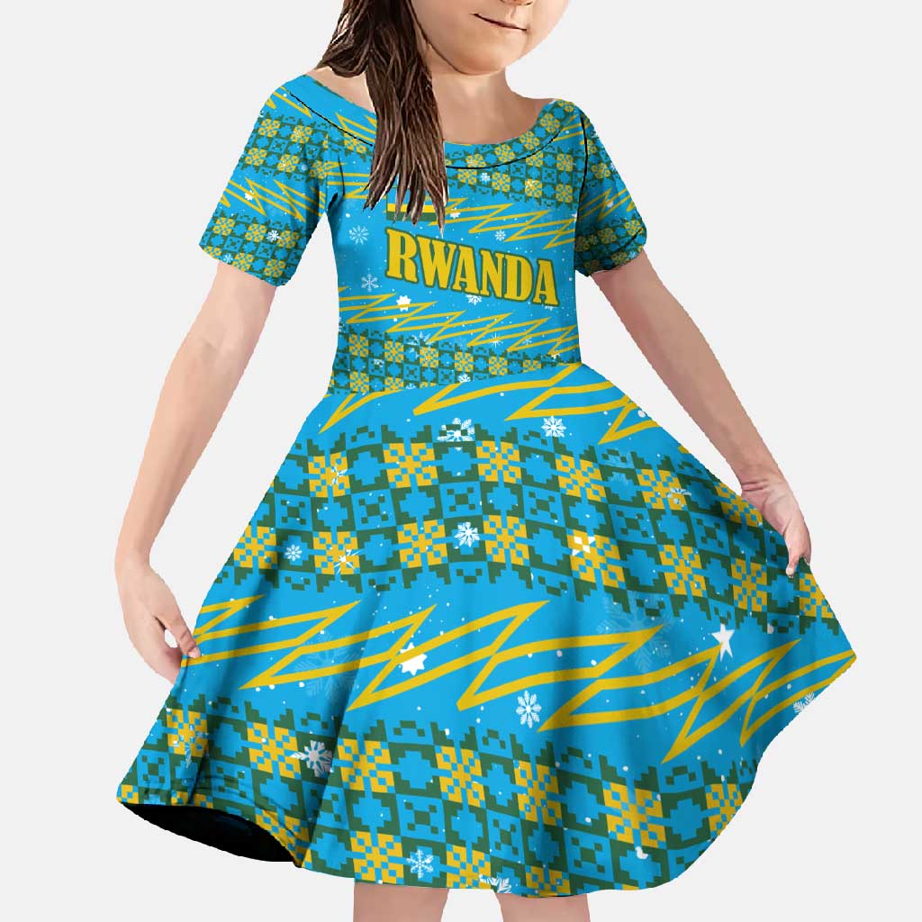 Rwanda Christmas Family Matching Tank Maxi Dress and Hawaiian Shirt with Blue-Yellow Pattern, Festive Geometric Motifs, and Bold Typography - Wonder Print Shop