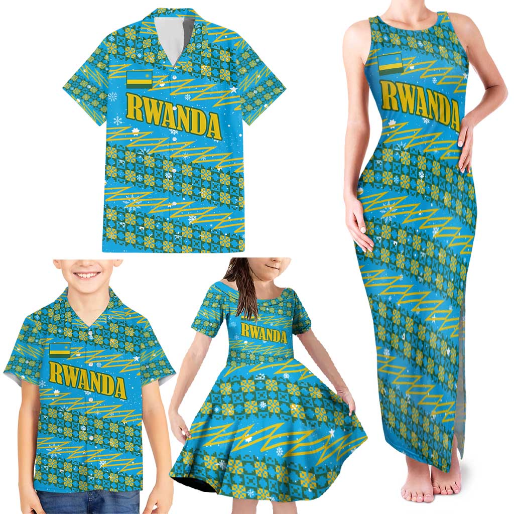 Rwanda Christmas Family Matching Tank Maxi Dress and Hawaiian Shirt with Blue-Yellow Pattern, Festive Geometric Motifs, and Bold Typography - Wonder Print Shop