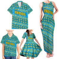 Rwanda Christmas Family Matching Tank Maxi Dress and Hawaiian Shirt with Blue-Yellow Pattern, Festive Geometric Motifs, and Bold Typography - Wonder Print Shop