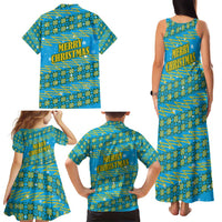 Rwanda Christmas Family Matching Tank Maxi Dress and Hawaiian Shirt with Blue-Yellow Pattern, Festive Geometric Motifs, and Bold Typography - Wonder Print Shop