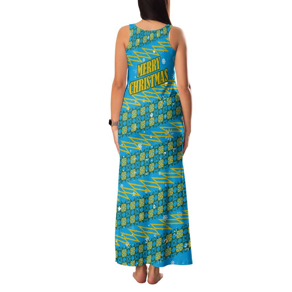 Rwanda Christmas Family Matching Tank Maxi Dress and Hawaiian Shirt with Blue-Yellow Pattern, Festive Geometric Motifs, and Bold Typography - Wonder Print Shop