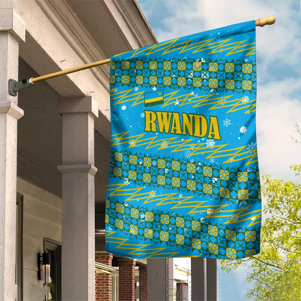 Rwanda Christmas Garden Flag with Blue-Yellow Pattern, Festive Geometric Motifs, and Bold Typography - Wonder Print Shop