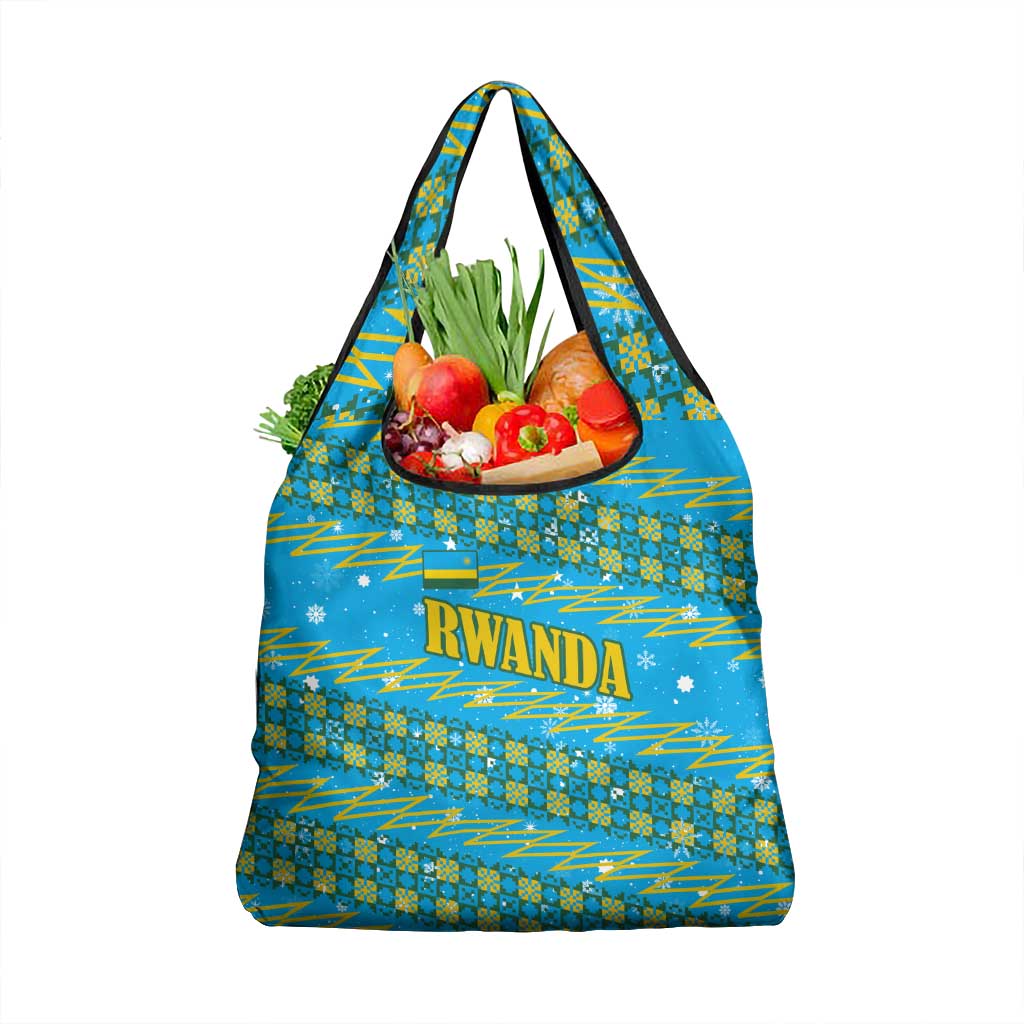 Rwanda Christmas Grocery Bag with Blue-Yellow Pattern, Festive Geometric Motifs, and Bold Typography - Wonder Print Shop