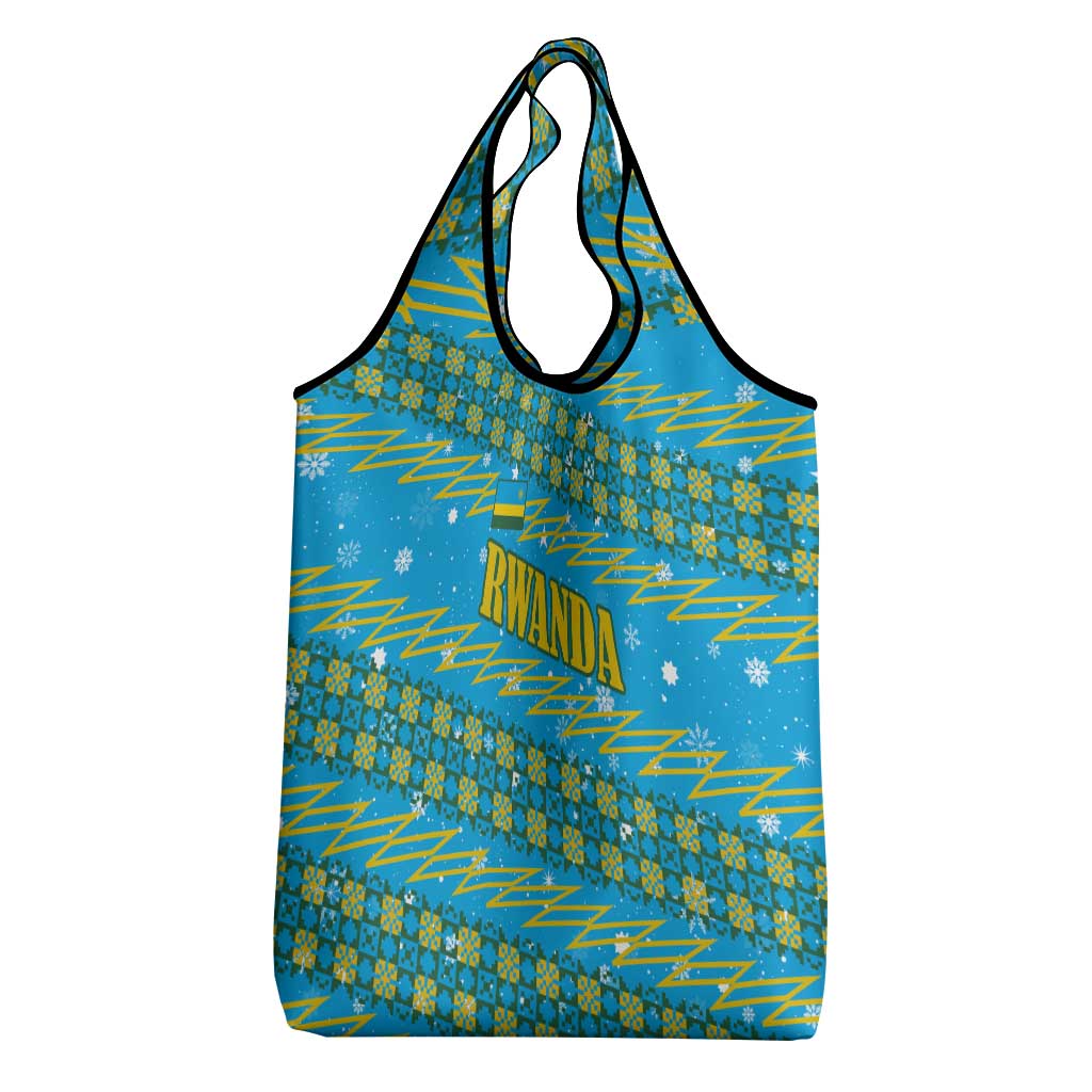 Rwanda Christmas Grocery Bag with Blue-Yellow Pattern, Festive Geometric Motifs, and Bold Typography - Wonder Print Shop