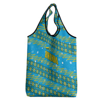 Rwanda Christmas Grocery Bag with Blue-Yellow Pattern, Festive Geometric Motifs, and Bold Typography - Wonder Print Shop