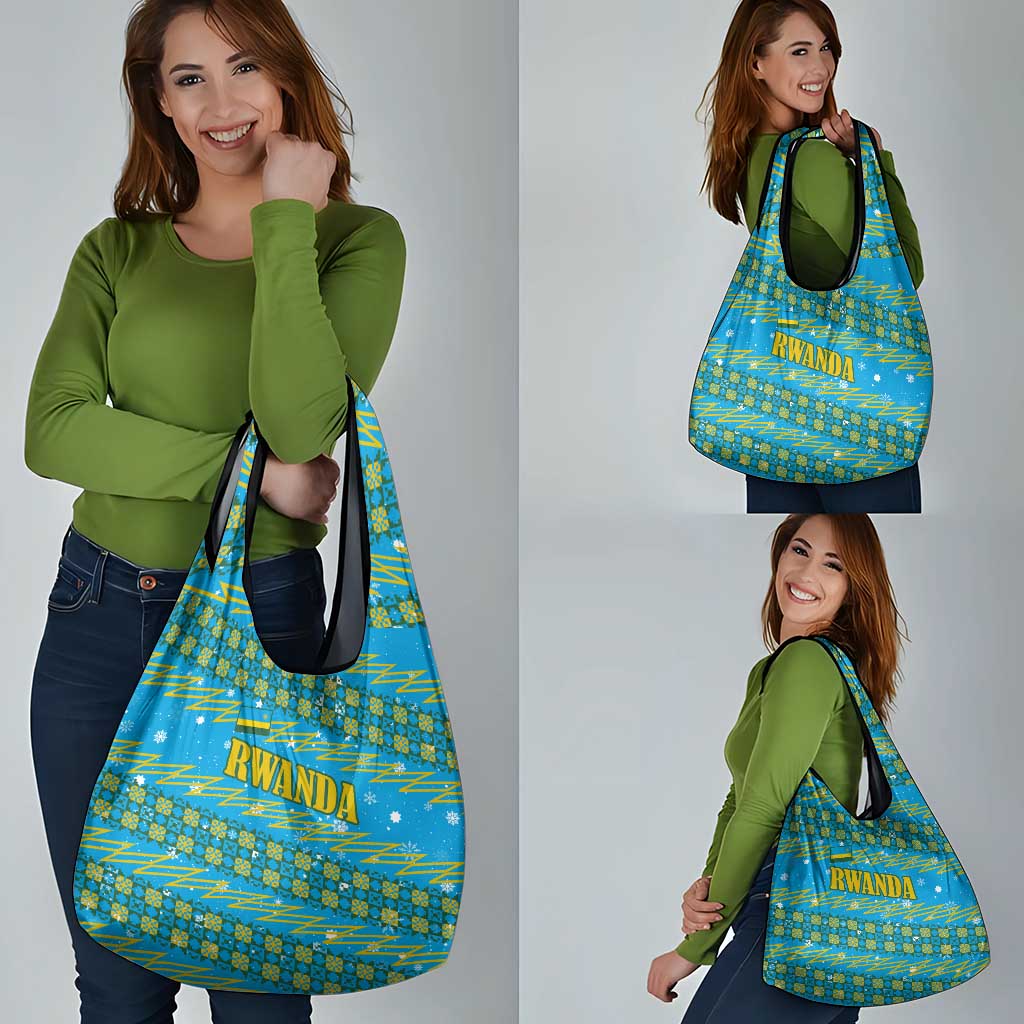 Rwanda Christmas Grocery Bag with Blue-Yellow Pattern, Festive Geometric Motifs, and Bold Typography - Wonder Print Shop