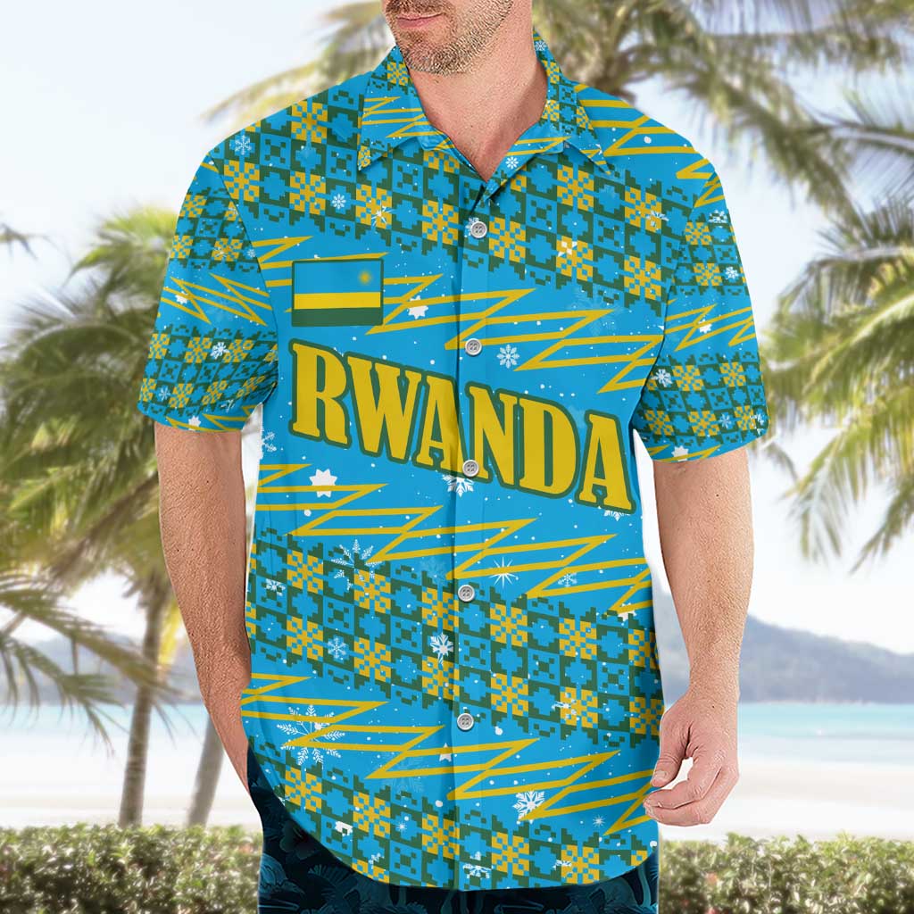 Rwanda Christmas Hawaiian Shirt with Blue-Yellow Pattern, Festive Geometric Motifs, and Bold Typography - Wonder Print Shop
