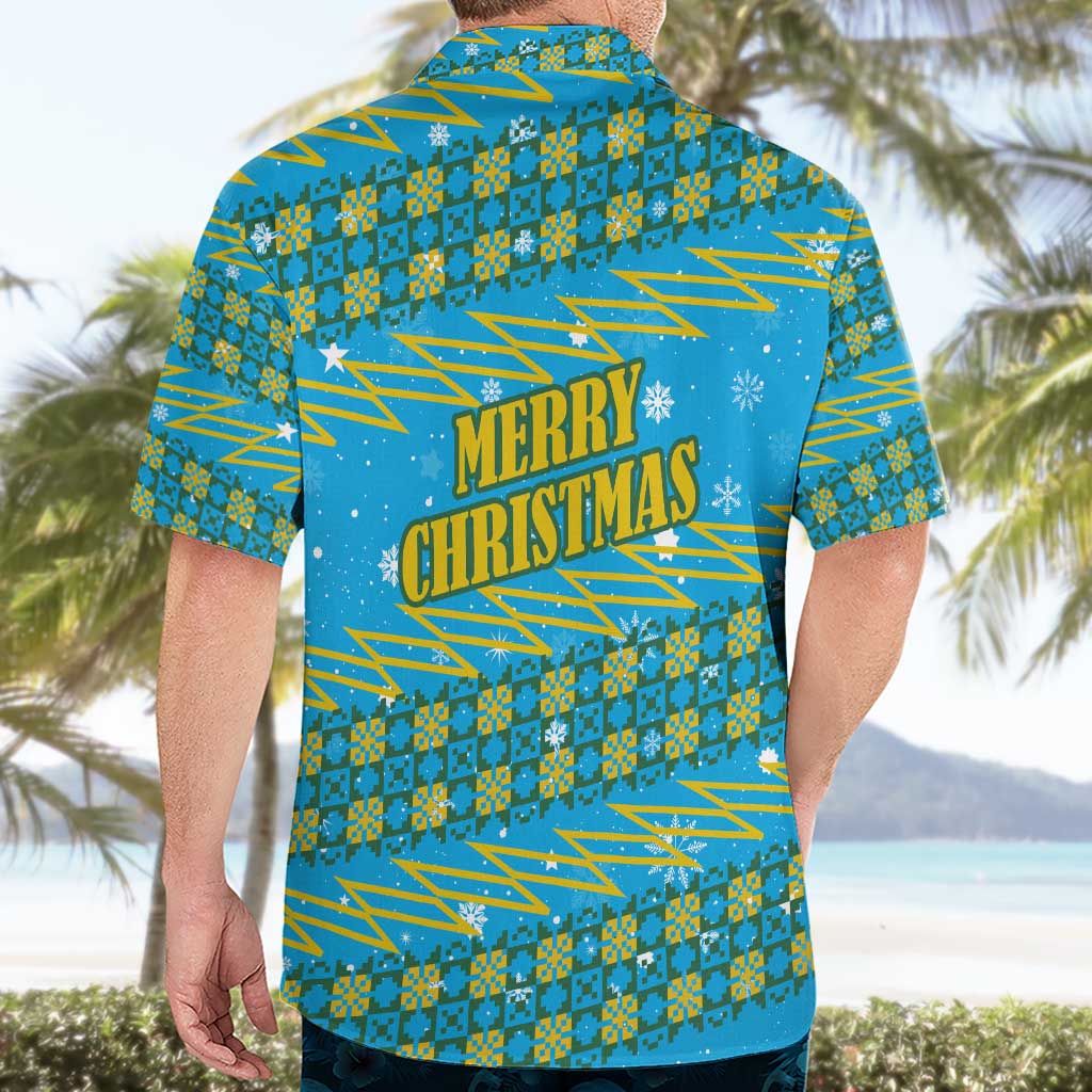 Rwanda Christmas Hawaiian Shirt with Blue-Yellow Pattern, Festive Geometric Motifs, and Bold Typography - Wonder Print Shop