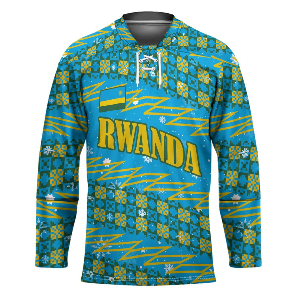 Rwanda Christmas Hockey Jersey with Blue-Yellow Pattern, Festive Geometric Motifs, and Bold Typography - Wonder Print Shop
