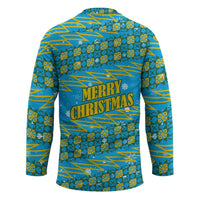Rwanda Christmas Hockey Jersey with Blue-Yellow Pattern, Festive Geometric Motifs, and Bold Typography - Wonder Print Shop
