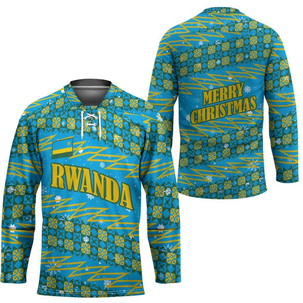 Rwanda Christmas Hockey Jersey with Blue-Yellow Pattern, Festive Geometric Motifs, and Bold Typography - Wonder Print Shop