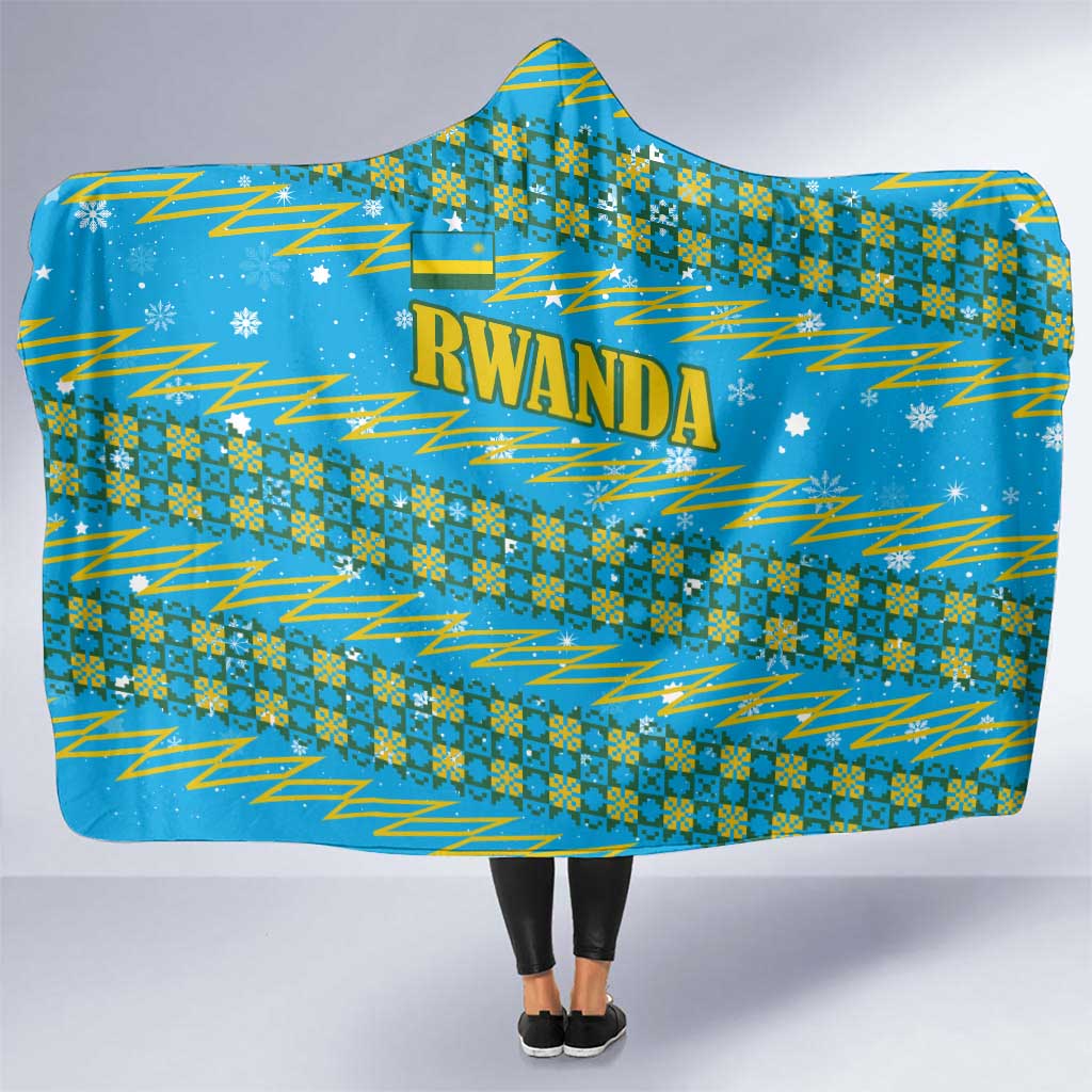 Rwanda Christmas Hooded Blanket with Blue-Yellow Pattern, Festive Geometric Motifs, and Bold Typography - Wonder Print Shop