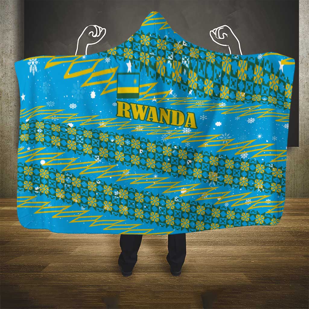 Rwanda Christmas Hooded Blanket with Blue-Yellow Pattern, Festive Geometric Motifs, and Bold Typography - Wonder Print Shop