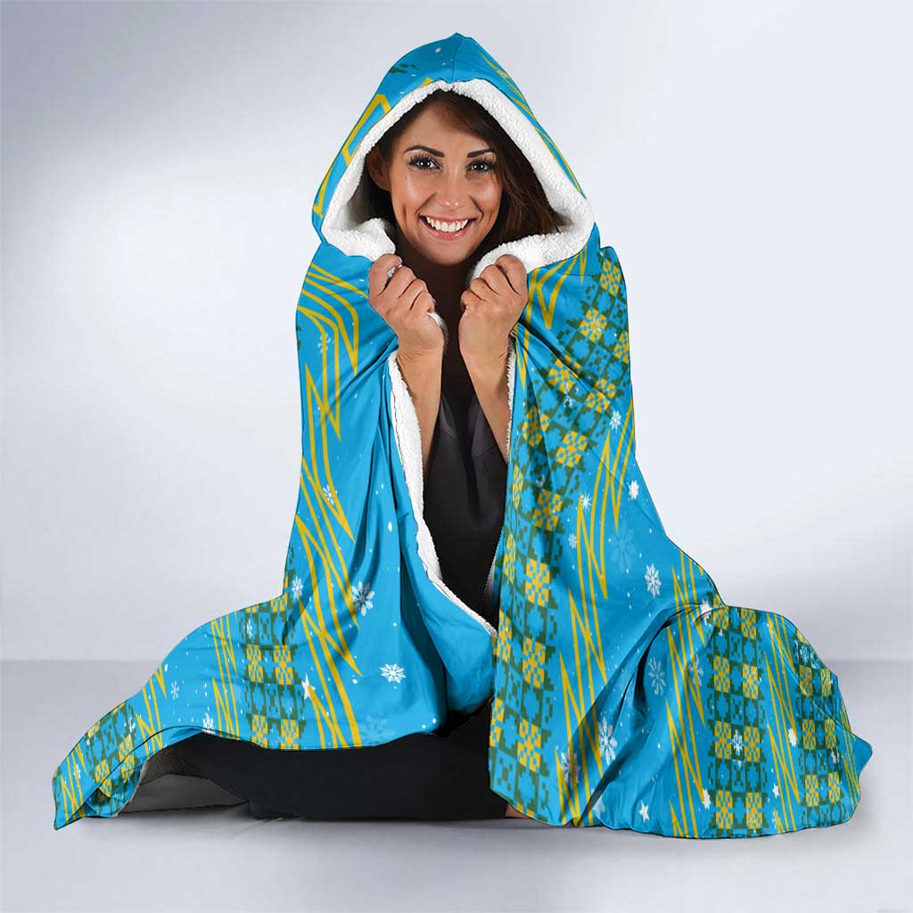 Rwanda Christmas Hooded Blanket with Blue-Yellow Pattern, Festive Geometric Motifs, and Bold Typography - Wonder Print Shop