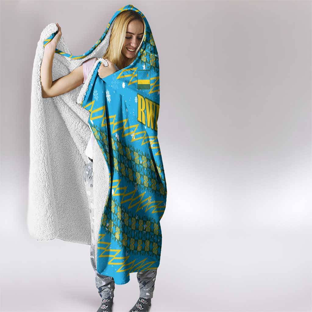 Rwanda Christmas Hooded Blanket with Blue-Yellow Pattern, Festive Geometric Motifs, and Bold Typography - Wonder Print Shop