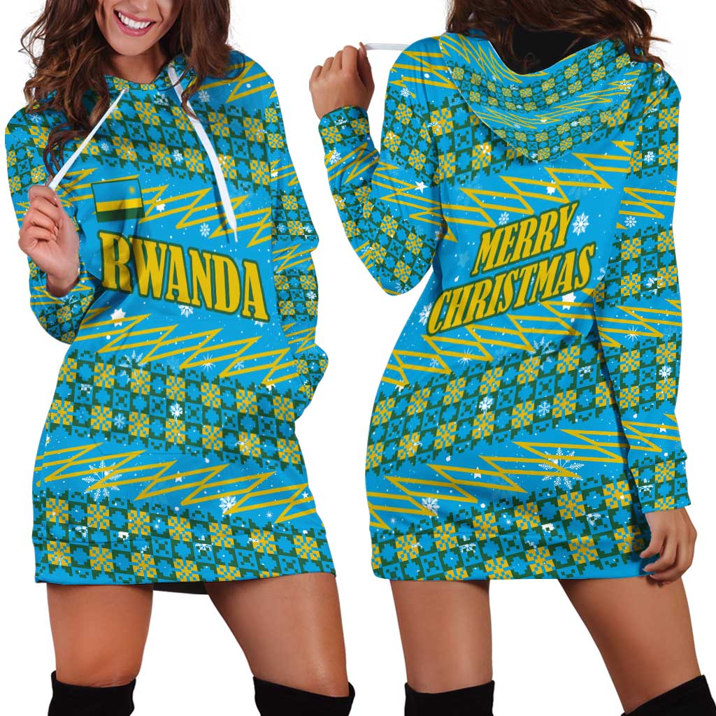 Rwanda Christmas Hoodie Dress with Blue-Yellow Pattern, Festive Geometric Motifs, and Bold Typography - Wonder Print Shop