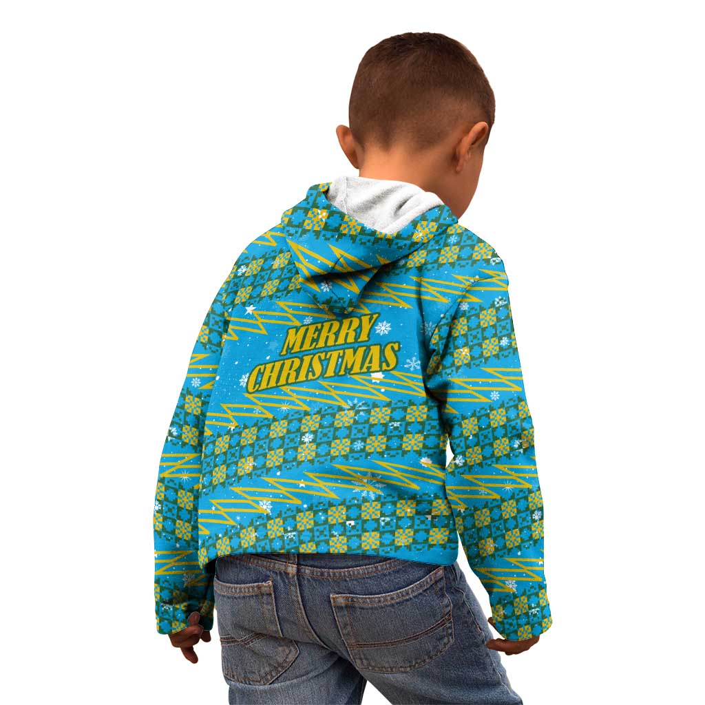 Rwanda Christmas Kid Hoodie with Blue-Yellow Pattern, Festive Geometric Motifs, and Bold Typography - Wonder Print Shop