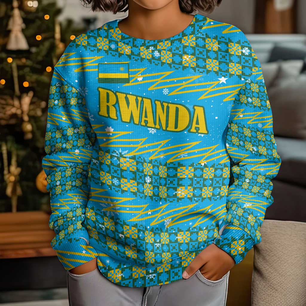 Rwanda Christmas Kid Ugly Christmas Sweater with Blue-Yellow Pattern, Festive Geometric Motifs, and Bold Typography - Wonder Print Shop